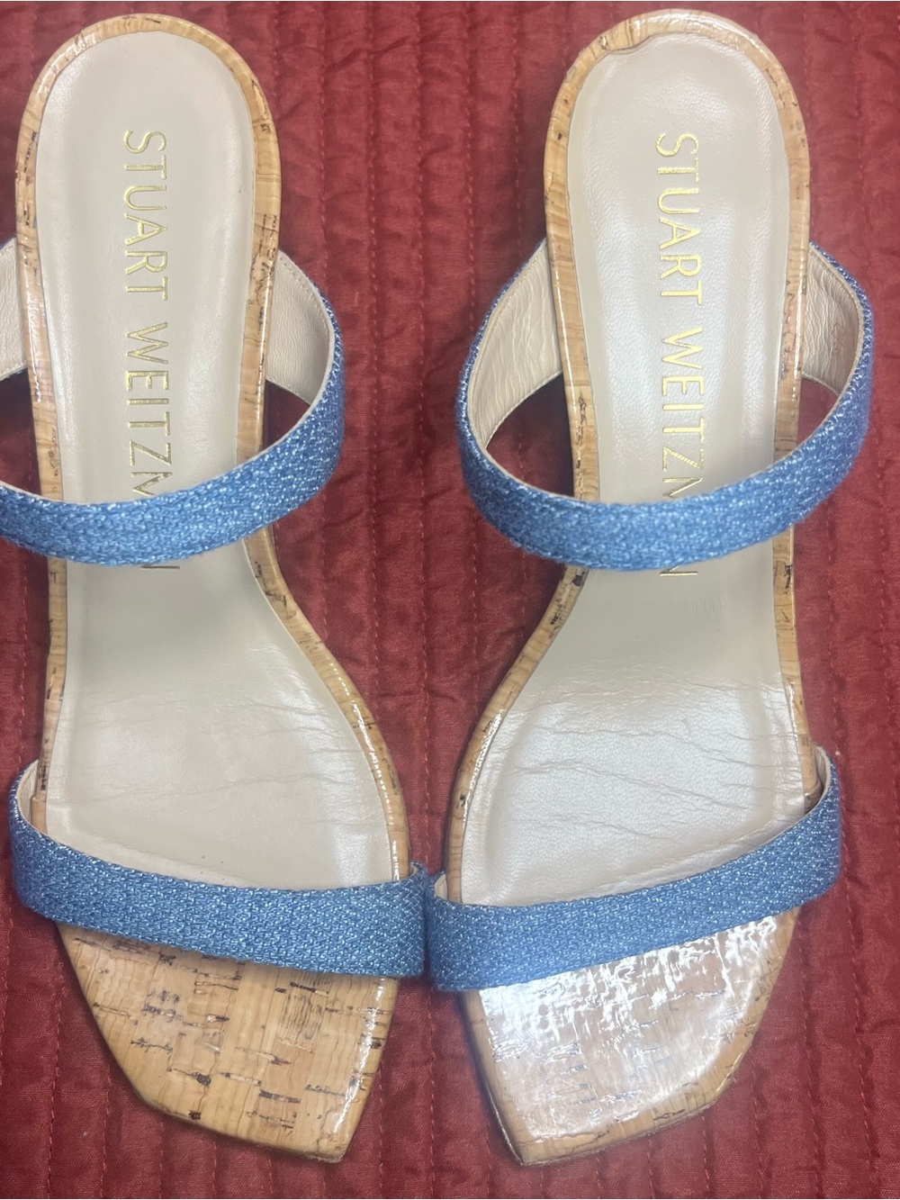 Stuart Weitzman Aleena 50 Cork Wedge Sandals Blue Slide Square Toe Size 7.5 - Picture 6 of 8